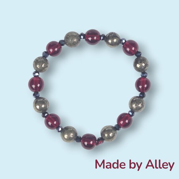 Handmade Natural Pyrite and Garnet Glass 8mm Round Beaded Bracelet - Picture 1 of 5